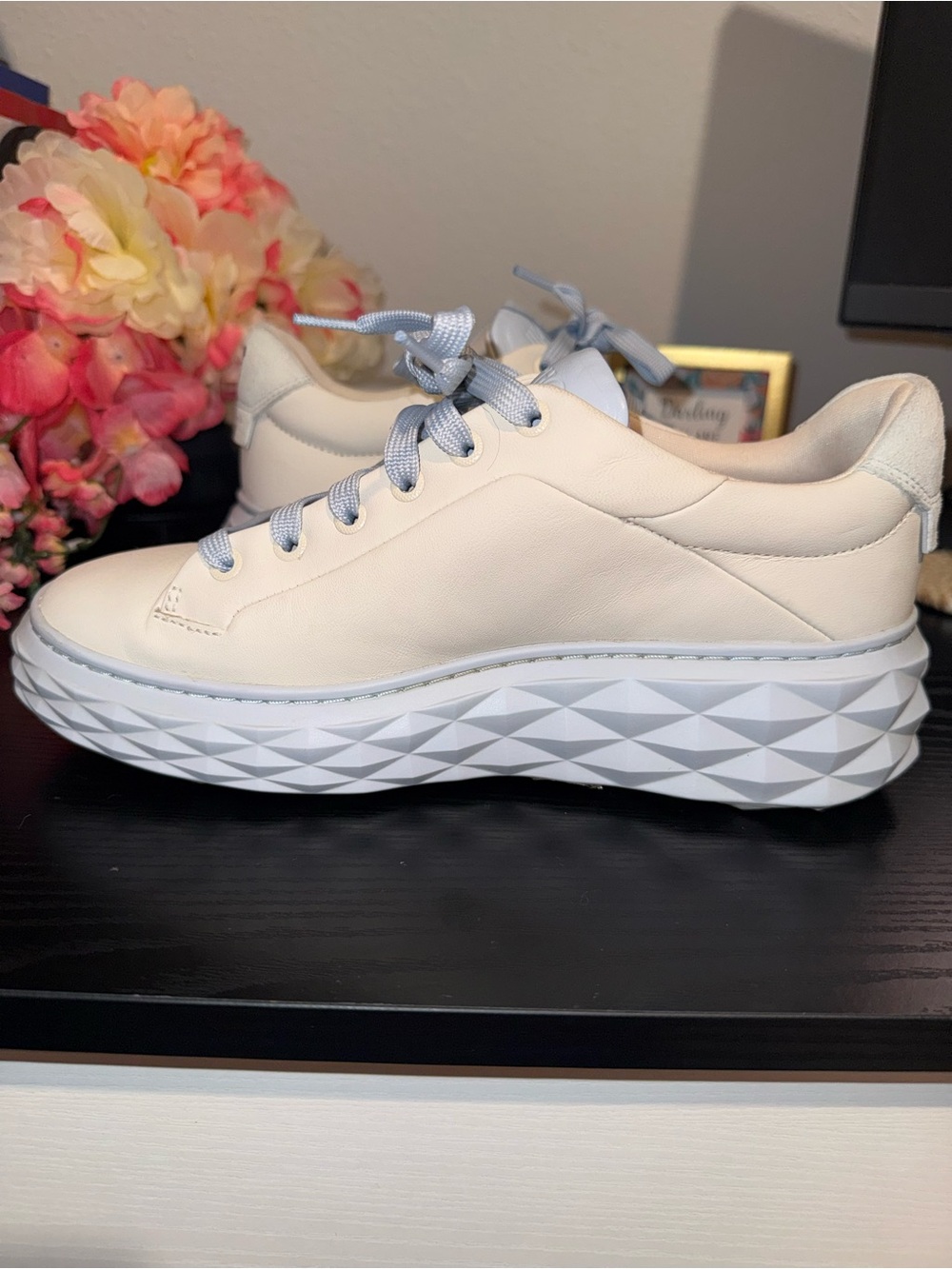 Jimmy Choo Leather Sneakers Platform Cream Blue Lace Up Size 37.5 - Picture 4 of 10